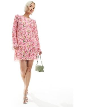 Pieces Plisse Long Sleeve Mini Dress - Pink