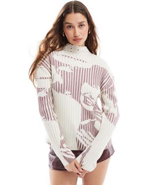 Basic Pleasure Mode – talia – langärmliger, gerippter strickpullover mit mehrfarbigem muster - Pink