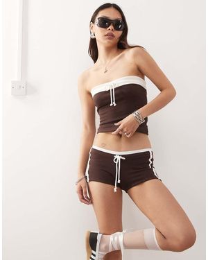 Monki Co-ord Strapless Bandeau Jersey Top With Contrast Tie Detail - Natural