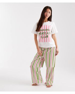 Threadbare Pijama De Manga Corta Y Verde A Rayas Con Estampado "Matcha" De - Blanco