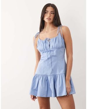 ASOS Cotton Sateen Tie Bust Dropped Waist Mini Sundress - Blue