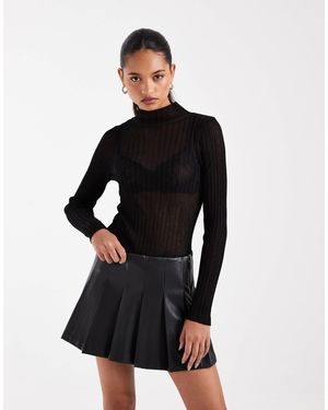 ASOS Haut en maille transparente plissée à manches longues et col cheminée noir