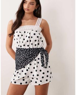 ASOS Lace Trim Playsuit With Scarf Waist - White
