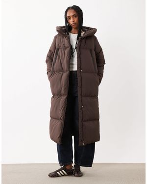 Threadbare Long Padded Coat With Hood And Front Pockets - Brown