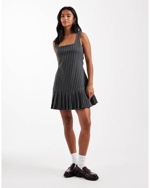 Miss Selfridge Pinstripe Pinny Dress With Drop Waist Pleated Hem-grey - White
