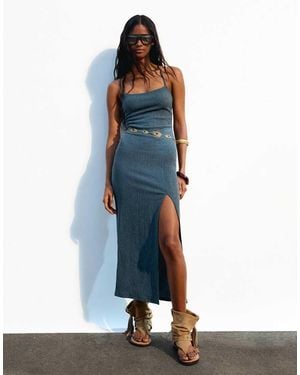 Bershka Strappy Rustic Midi Dress - Blue