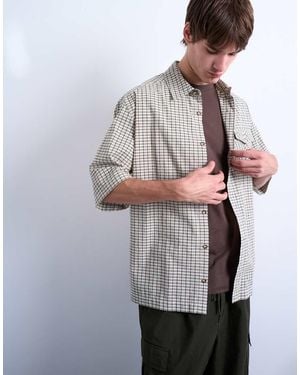 TOPMAN Relaxed Fit Short Sleeve Textured Check Shirt - Grey