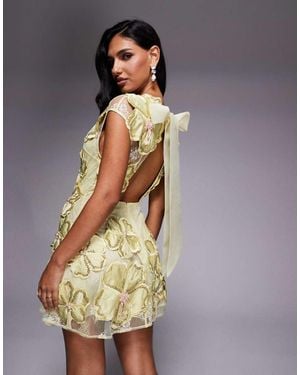 ASOS Embellished 3D Floral Lace Mini Dress With Drop Pearls - Yellow