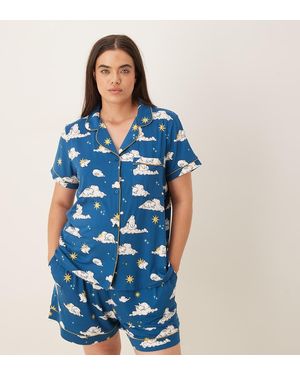 Chelsea Peers Pijama Con Estampado De Conejos Durmiendo De Pantalones Cortos Y Camisa De Manga Corta Con Cuello De Solapas De Curve - Azul
