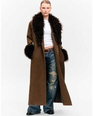 Monki Wool Blend Belted Maxi Coat With Fur Collar And Cuffs Detail - Black