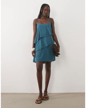 Mango Teen Tiered Round Neck Beaded Mini Dress - Blue
