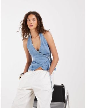 ASOS Denim Halter Neck Wrap Top Set-blue