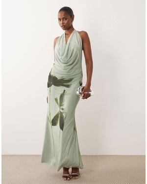 ASOS Cowl Neck Floral Placement Print Mesh Maxi Dress - Gray