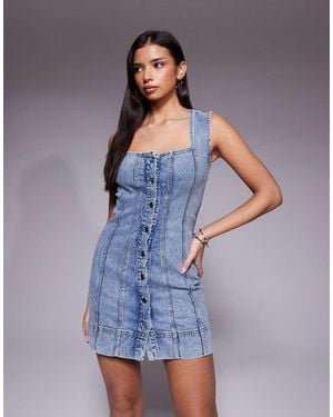 GOOD AMERICAN Button Front Mini Denim Dress - Blue