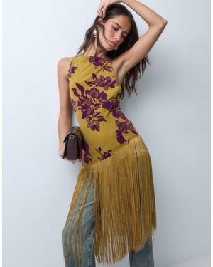 ASOS Long Flocked Top With Fringing - Brown