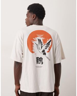 SELECTED T-Shirt Oversize Sporco Con Stampa Di Gru Sul Retro - Bianco