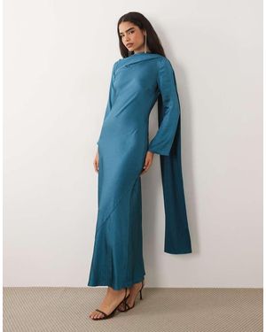 TFNC London Satin Scarf Detail Bias Maxi Dress - Blue