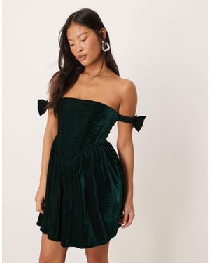 LACE & BEADS Velvet Bow Arm Detail Corset Mini Dress - Black