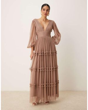 LACE & BEADS Boho Ruffle Maxi Dress - Brown
