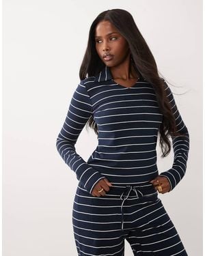The Frolic Exclusive Cotton Rich V Neck Pocket Front Long Sleeve Top Co-Ord - Blue
