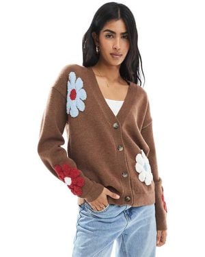 Daisy Street V Neck Cardigan With Flowers - Brown