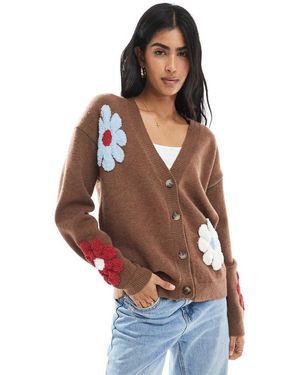 Daisy Street Cardigan Marrone Con Fiori E Scollo A V