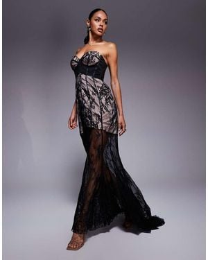 ASOS Sculpted Boned Corset Detail Bandeau Lace Maxi Dress With Fishtail Hem And Contrast Lining - Blue