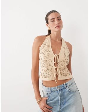Miss Selfridge Embellished Tie Front Halter Top-neutral - Brown