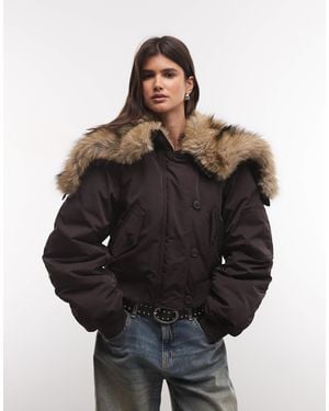 Weekday Cropped Bomber Jacket With Faux Fur Zip Hood - Black