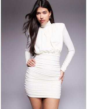 Ruched & Ready Hourglass High Neck Padded Shoulder Sculpted Drape Detail Mini Dress - Grey