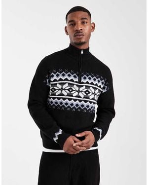 Only & Sons Fairisle 1/4 Zip Jumper - Black