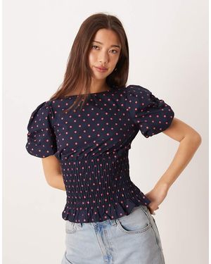 Glamorous Short Sleeve Shirred Body Polka Dot Top - Blue