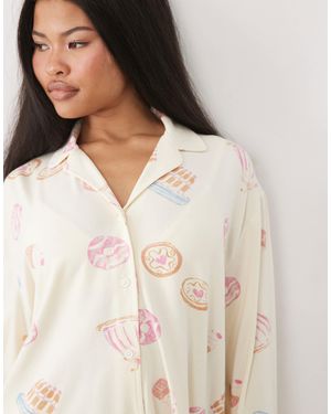 ASOS Asos Design Petite Super Soft Long Sleeve Shirt & Trouser Pajama Set - Natural
