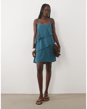 Mango Teen Tiered Round Neck Beaded Mini Dress - Blue