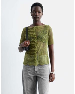 & Other Stories Short Sleeve Boat Neck Lace Top With Ruched Button Detailing - Green