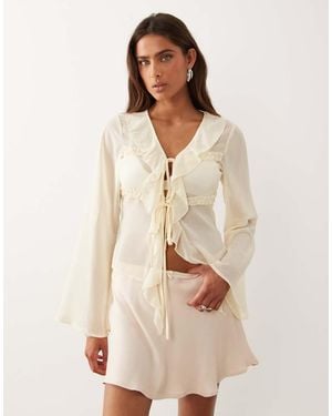 The Frolic Exclusive Sheer Chiffon Frill Detail Tie Front Flare Sleeve Top - Natural