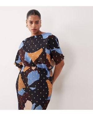 Never Fully Dressed Tilly Asymmetric Gold Foil Plisse Maxi Dress - Blue