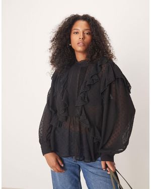 ASOS Asos Design Curve Ruffle And Embroidery Detail Long Sleeve Blouse - Black