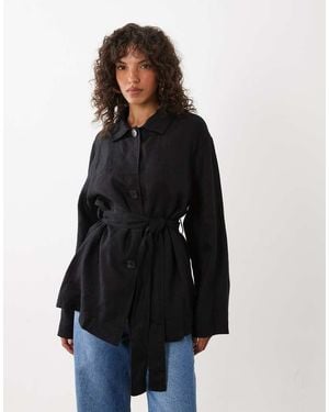 Mango 100% Linen Tailored Jacket With Belt Detail - Blue