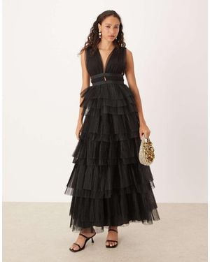 True Decadence Plunge Front Tulle Layered Midi Dress - Black