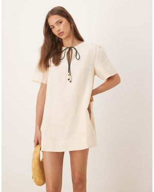 Vrg Grl Olsen Puff Sleeve Tie-detail Mini Dress - Natural