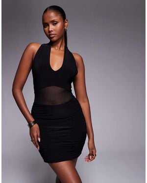 Kaiia Exclusive Double Layered Slinky Halterneck Sheer Mesh Panel Mini Dress - Brown