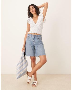 Gina Tricot Short Sleeve Frill V Neck Top - White