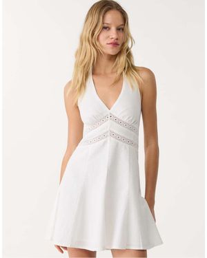 Stradivarius Short Linen Blend Halter Dress - White