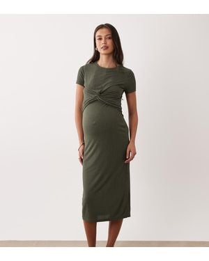Mama.licious Mamalicious Maternity Short Sleeve Knot Front Midi Dress With Nursing Function - Green