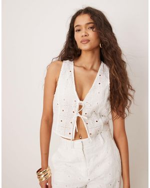 Mango Cotton Floral Broderie Tie Front Waistcoat Co-ord - White