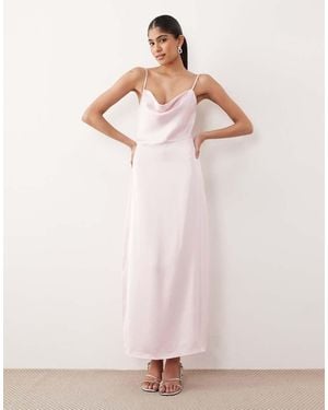 Vila Vestido Largo Rosa Flor De Cerezo De Tirantes Con Cuello Desbocado De Satén De