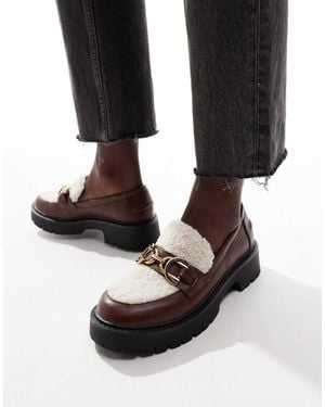 London Rebel Roxy Chunky Loafers With Teddy Fur - Black