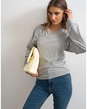 TOPSHOP Top A Maniche Lunghe Mélange Con Cuciture Arricciate Sul Carré - Grigio