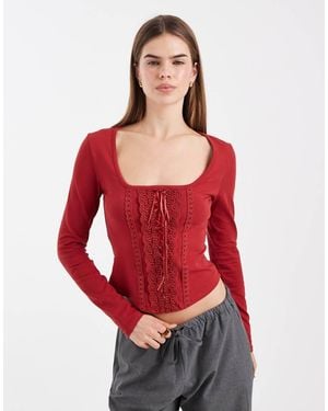 Miss Selfridge Scoop Front Corset Top With Lace Trims - Red